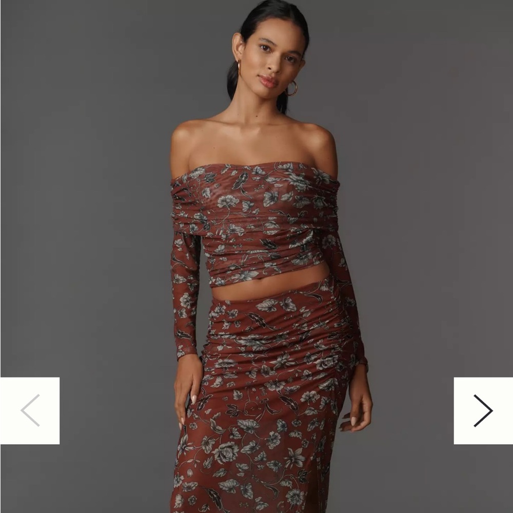 NWT The Aleda Mesh Off-Shoulder Top by Maeve in Brown Pattern